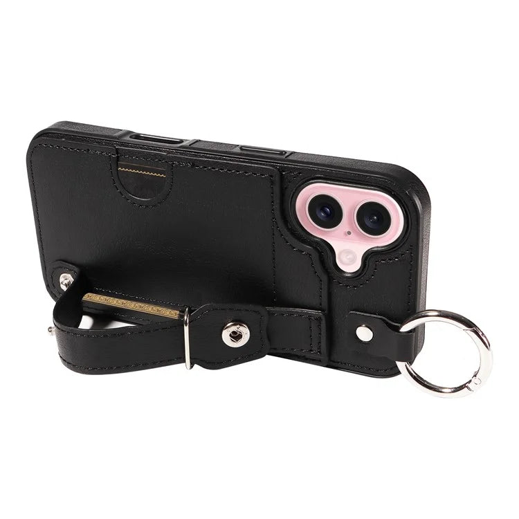 008 For iPhone 16 Case Wristband Kickstand PU Leather TPU Phone Cover