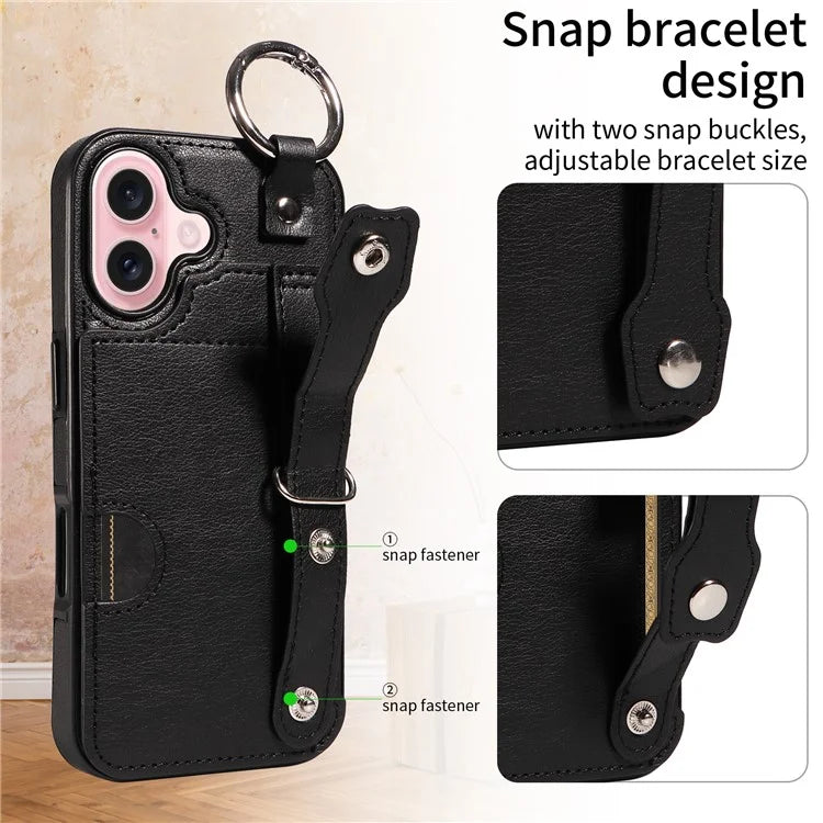 008 For iPhone 16 Case Wristband Kickstand PU Leather TPU Phone Cover
