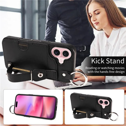 008 For iPhone 16 Case Wristband Kickstand PU Leather TPU Phone Cover