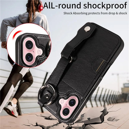 008 For iPhone 16 Case Wristband Kickstand PU Leather TPU Phone Cover