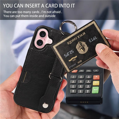 008 For iPhone 16 Case Wristband Kickstand PU Leather TPU Phone Cover