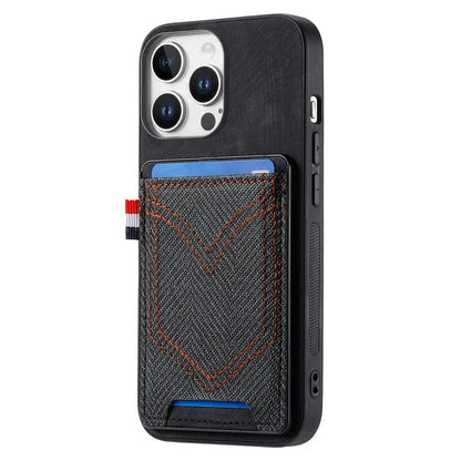 For iPhone 16 Pro Max Phone Case Retro Jean Cloth Texture Leather TPU Card Holder