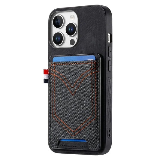 For iPhone 16 Pro Max Phone Case Retro Jean Cloth Texture Leather TPU Card Holder