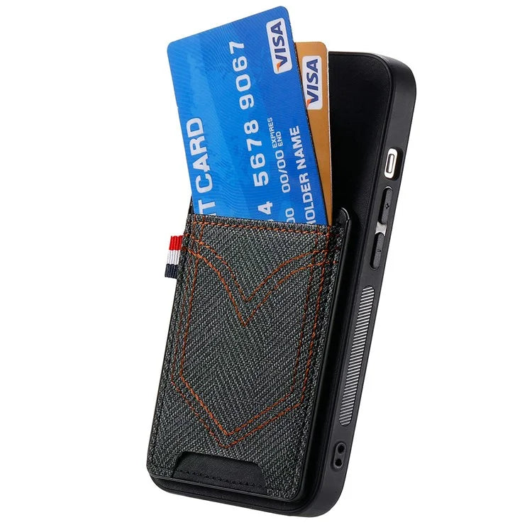 For iPhone 16 Pro Max Phone Case Retro Jean Cloth Texture Leather TPU Card Holder