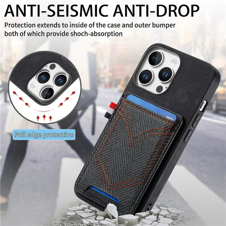 For iPhone 16 Pro Max Phone Case Retro Jean Cloth Texture Leather TPU Card Holder