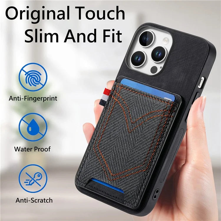 For iPhone 16 Pro Max Phone Case Retro Jean Cloth Texture Leather TPU Card Holder