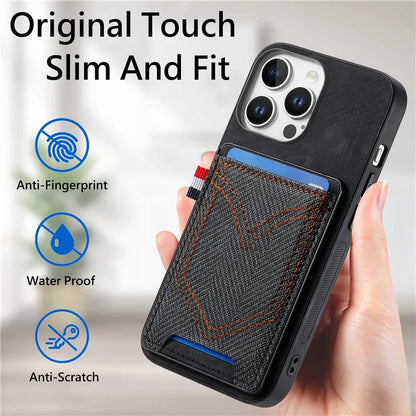 For iPhone 16 Pro Max Phone Case Retro Jean Cloth Texture Leather TPU Card Holder