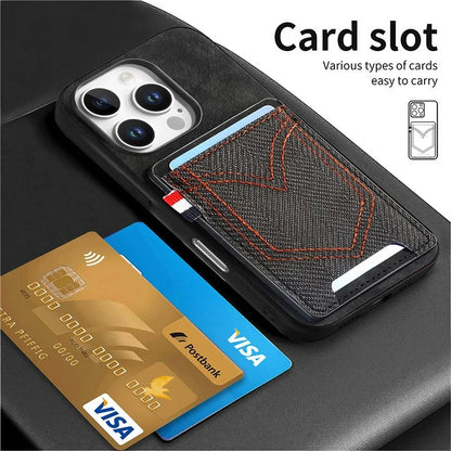 For iPhone 16 Pro Max Phone Case Retro Jean Cloth Texture Leather TPU Card Holder