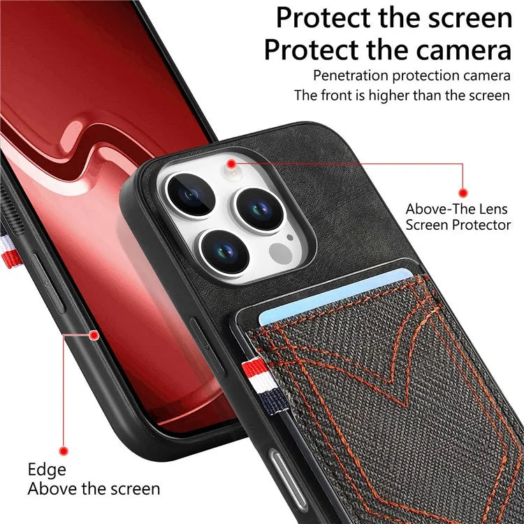 For iPhone 16 Pro Max Phone Case Retro Jean Cloth Texture Leather TPU Card Holder