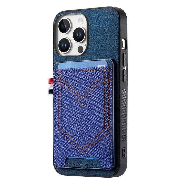 For iPhone 16 Pro Max Phone Case Retro Jean Cloth Texture Leather TPU Card Holder