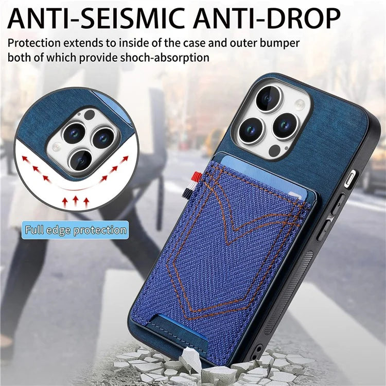 For iPhone 16 Pro Max Phone Case Retro Jean Cloth Texture Leather TPU Card Holder
