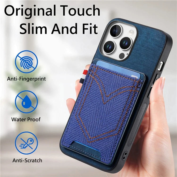 For iPhone 16 Pro Max Phone Case Retro Jean Cloth Texture Leather TPU Card Holder