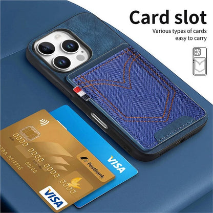 For iPhone 16 Pro Max Phone Case Retro Jean Cloth Texture Leather TPU Card Holder