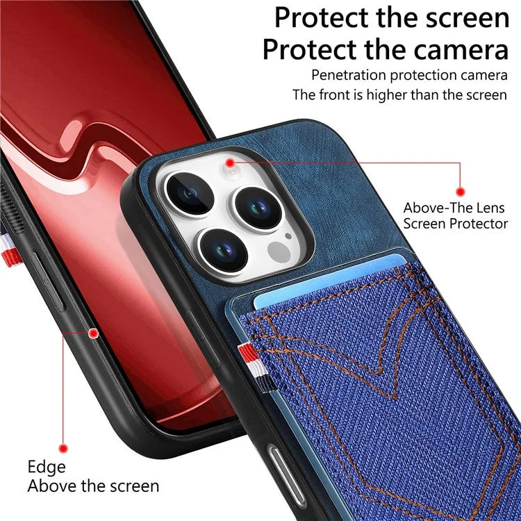 For iPhone 16 Pro Max Phone Case Retro Jean Cloth Texture Leather TPU Card Holder
