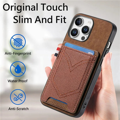 For iPhone 16 Pro Max Phone Case Retro Jean Cloth Texture Leather TPU Card Holder