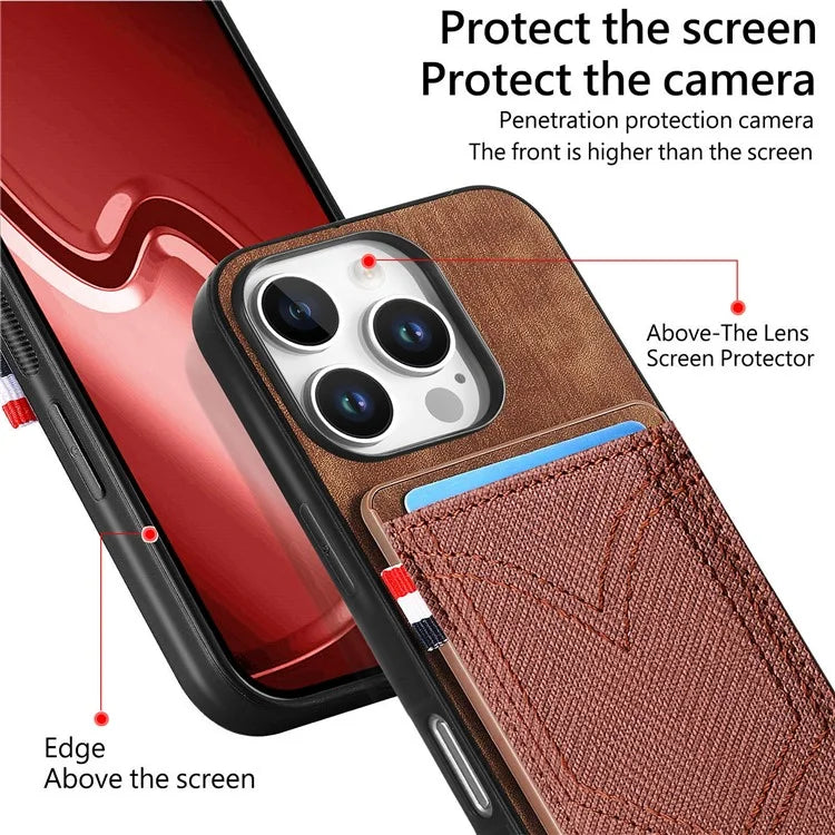 For iPhone 16 Pro Max Phone Case Retro Jean Cloth Texture Leather TPU Card Holder