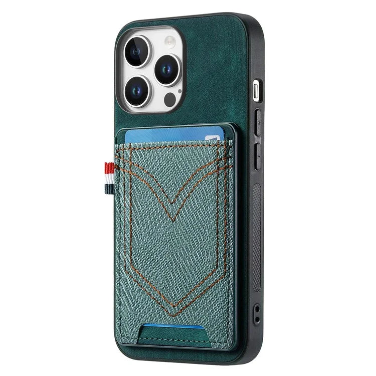 For iPhone 16 Pro Max Phone Case Retro Jean Cloth Texture Leather TPU Card Holder