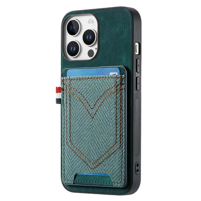 For iPhone 16 Pro Max Phone Case Retro Jean Cloth Texture Leather TPU Card Holder