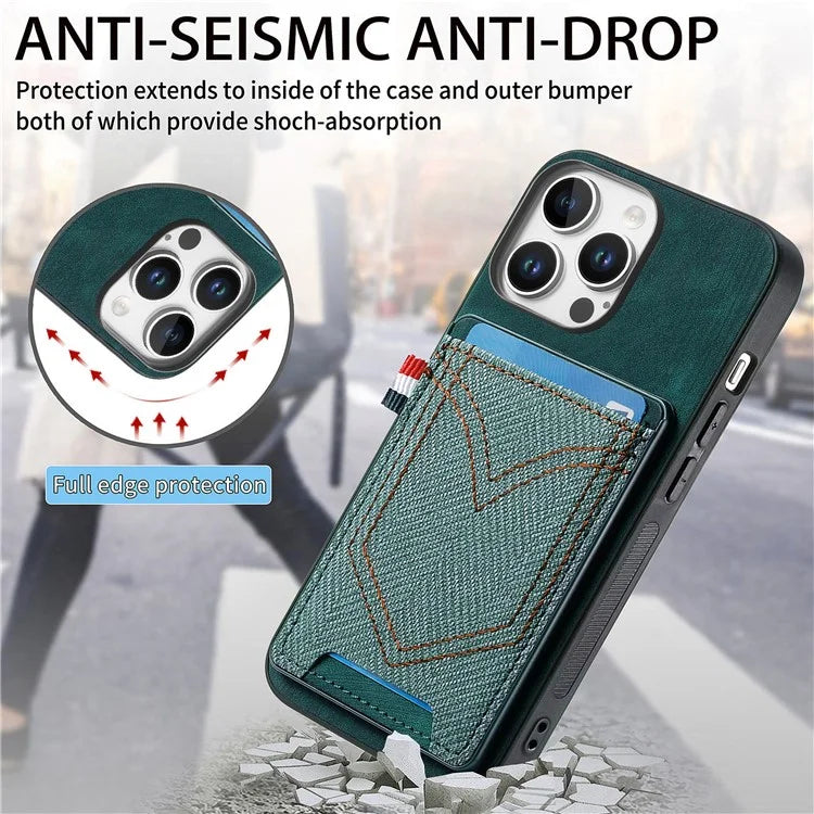 For iPhone 16 Pro Max Phone Case Retro Jean Cloth Texture Leather TPU Card Holder
