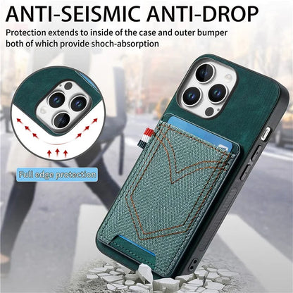 For iPhone 16 Pro Max Phone Case Retro Jean Cloth Texture Leather TPU Card Holder