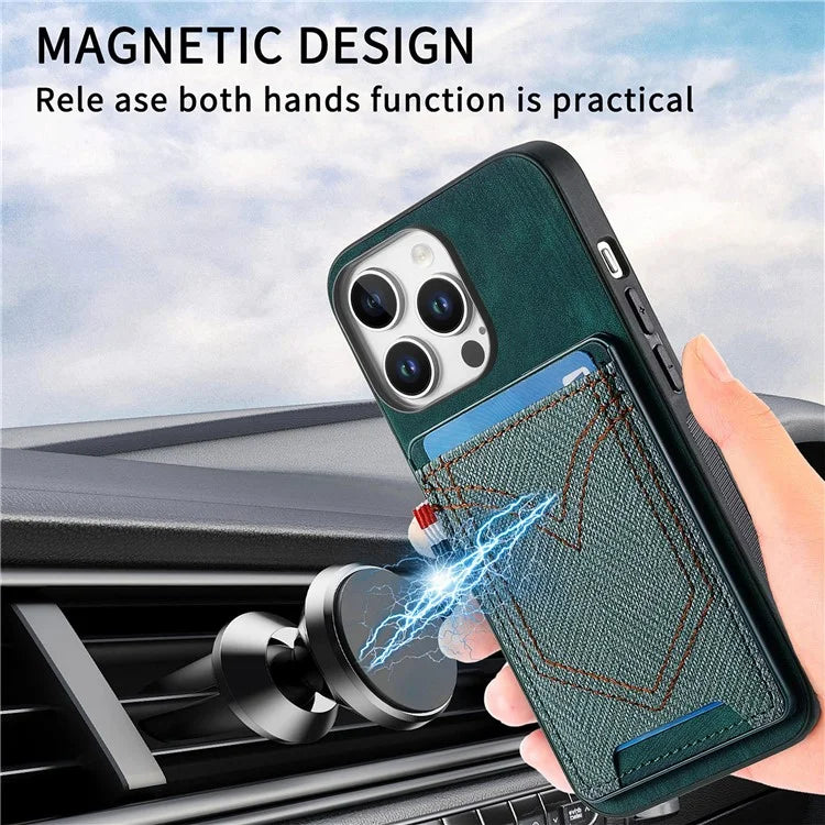 For iPhone 16 Pro Max Phone Case Retro Jean Cloth Texture Leather TPU Card Holder