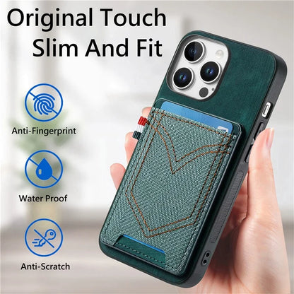 For iPhone 16 Pro Max Phone Case Retro Jean Cloth Texture Leather TPU Card Holder