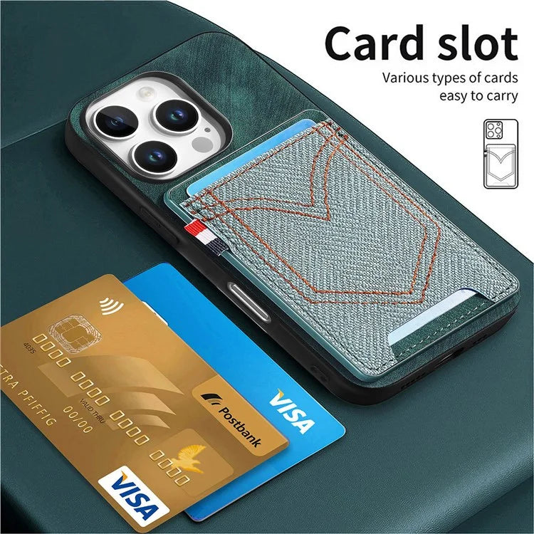 For iPhone 16 Pro Max Phone Case Retro Jean Cloth Texture Leather TPU Card Holder
