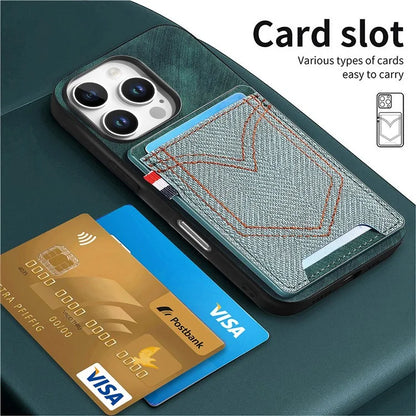For iPhone 16 Pro Max Phone Case Retro Jean Cloth Texture Leather TPU Card Holder
