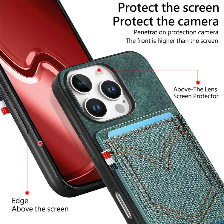 For iPhone 16 Pro Max Phone Case Retro Jean Cloth Texture Leather TPU Card Holder