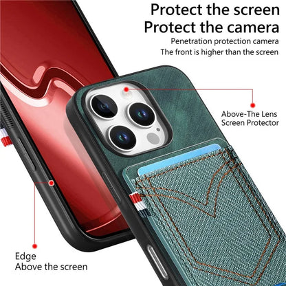 For iPhone 16 Pro Max Phone Case Retro Jean Cloth Texture Leather TPU Card Holder