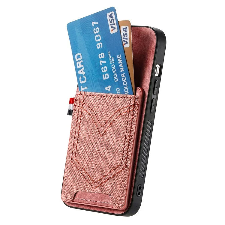 For iPhone 16 Pro Max Phone Case Retro Jean Cloth Texture Leather TPU Card Holder