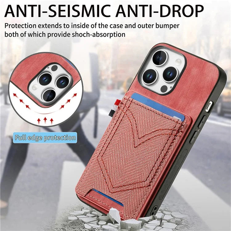 For iPhone 16 Pro Max Phone Case Retro Jean Cloth Texture Leather TPU Card Holder