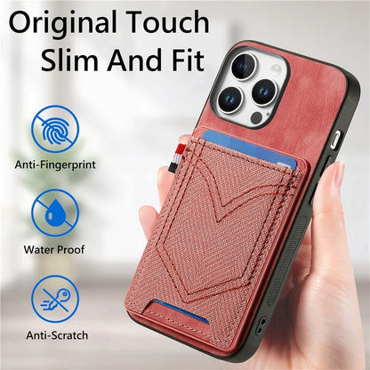 For iPhone 16 Pro Max Phone Case Retro Jean Cloth Texture Leather TPU Card Holder