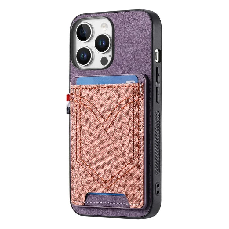 For iPhone 16 Pro Max Phone Case Retro Jean Cloth Texture Leather TPU Card Holder