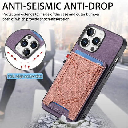 For iPhone 16 Pro Max Phone Case Retro Jean Cloth Texture Leather TPU Card Holder