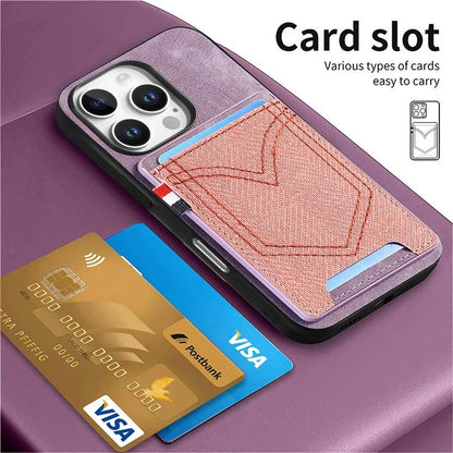 For iPhone 16 Pro Max Phone Case Retro Jean Cloth Texture Leather TPU Card Holder