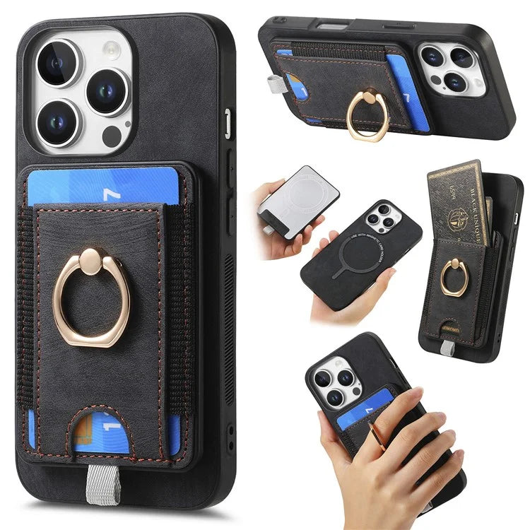 D7 For iPhone 16 Pro Max Magnetic Case Card Holder Ring Kickstand PU Leather Phone Back Cover