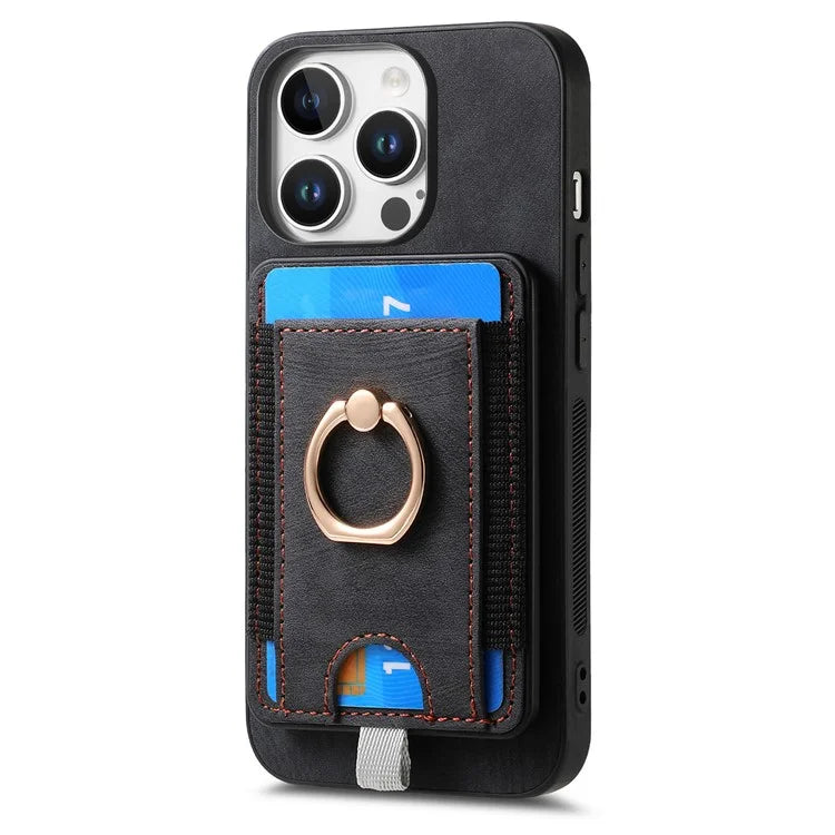 D7 For iPhone 16 Pro Max Magnetic Case Card Holder Ring Kickstand PU Leather Phone Back Cover