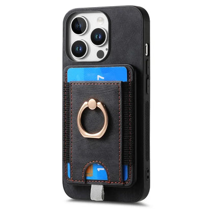 D7 For iPhone 16 Pro Max Magnetic Case Card Holder Ring Kickstand PU Leather Phone Back Cover
