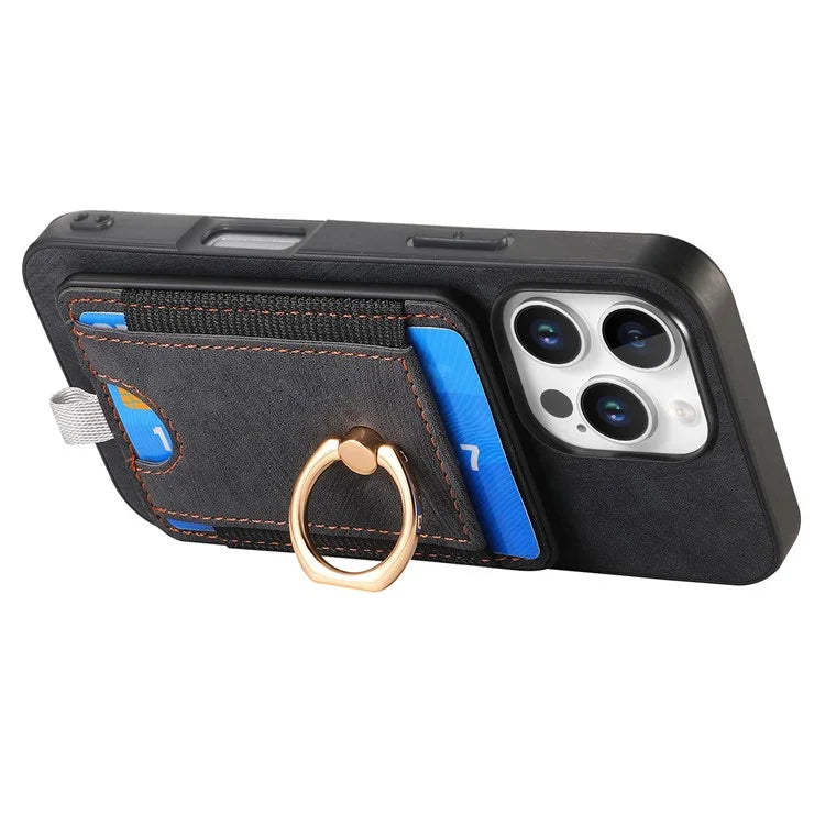 D7 For iPhone 16 Pro Max Magnetic Case Card Holder Ring Kickstand PU Leather Phone Back Cover