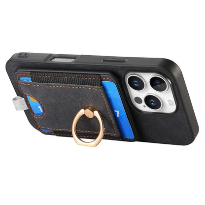 D7 For iPhone 16 Pro Max Magnetic Case Card Holder Ring Kickstand PU Leather Phone Back Cover