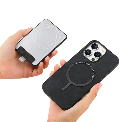 D7 For iPhone 16 Pro Max Magnetic Case Card Holder Ring Kickstand PU Leather Phone Back Cover