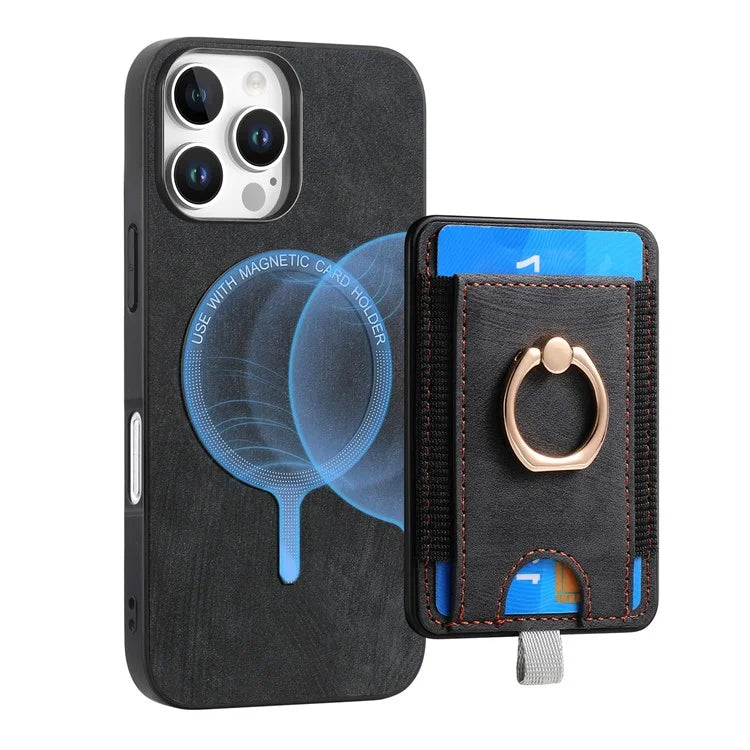 D7 For iPhone 16 Pro Max Magnetic Case Card Holder Ring Kickstand PU Leather Phone Back Cover