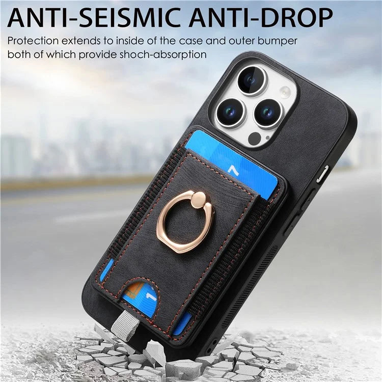 D7 For iPhone 16 Pro Max Magnetic Case Card Holder Ring Kickstand PU Leather Phone Back Cover