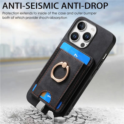 D7 For iPhone 16 Pro Max Magnetic Case Card Holder Ring Kickstand PU Leather Phone Back Cover