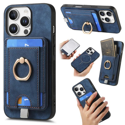 D7 For iPhone 16 Pro Max Magnetic Case Card Holder Ring Kickstand PU Leather Phone Back Cover