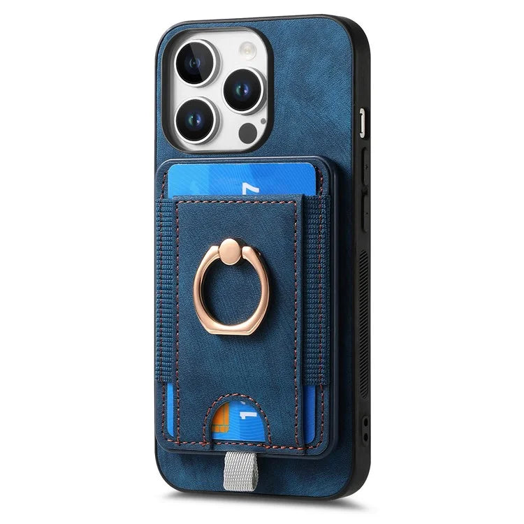 D7 For iPhone 16 Pro Max Magnetic Case Card Holder Ring Kickstand PU Leather Phone Back Cover