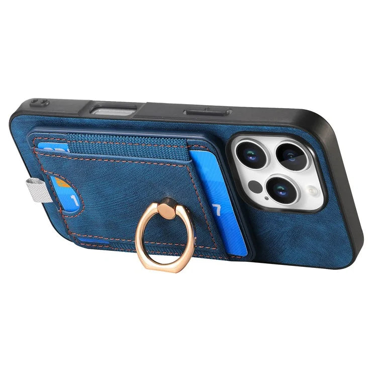 D7 For iPhone 16 Pro Max Magnetic Case Card Holder Ring Kickstand PU Leather Phone Back Cover