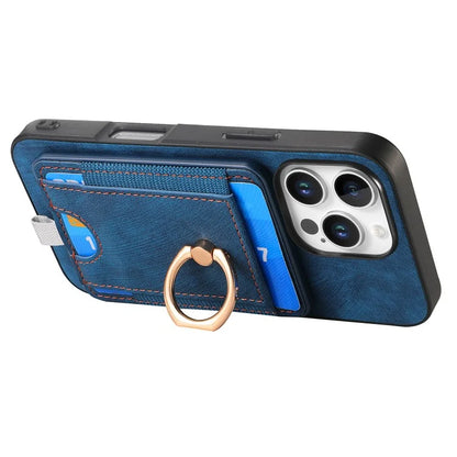 D7 For iPhone 16 Pro Max Magnetic Case Card Holder Ring Kickstand PU Leather Phone Back Cover