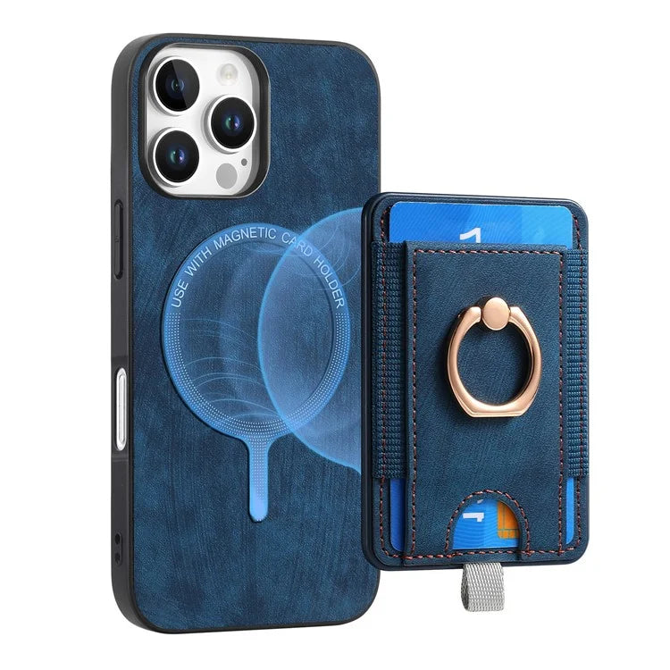 D7 For iPhone 16 Pro Max Magnetic Case Card Holder Ring Kickstand PU Leather Phone Back Cover